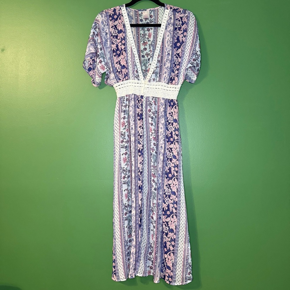 No Boundaries Floral Stripe Midi Dress - Purple and Pink